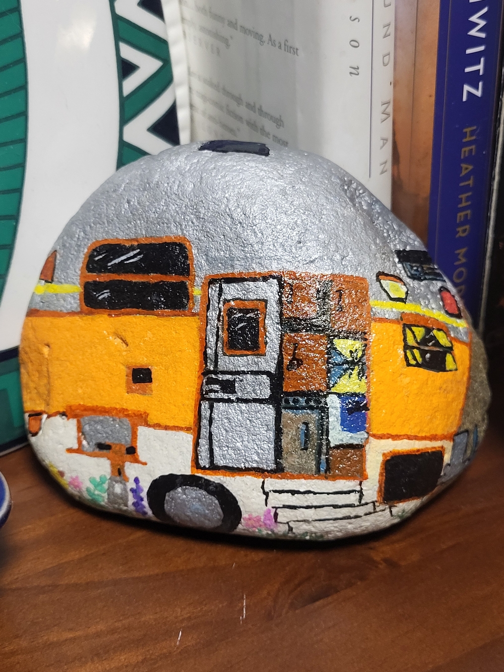 Hand-Painted Orange and Silver Camper Rock Art
